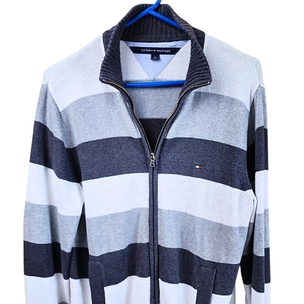 Tommy Hilfiger Mens Full Zip Striped Cotton Sweater Grey White Mock Neck M